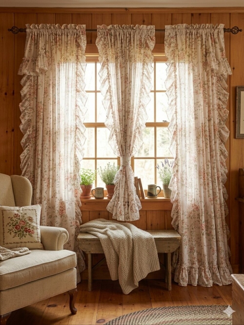 Vintage Ruffled Floral Curtain Set 3 Piece | Cottagecore Grandmacore Shabby Chic